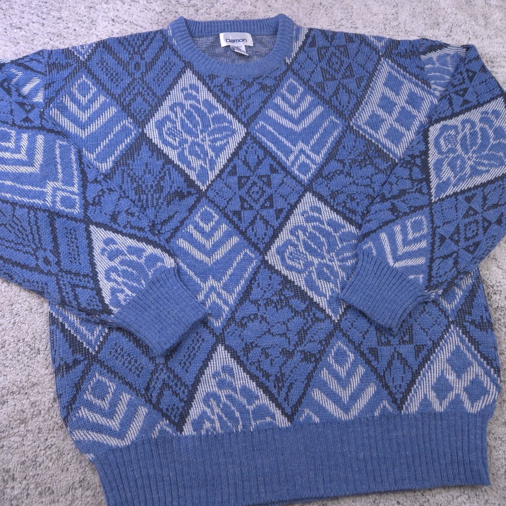 Vintage Damon Geometric Sweater Mens Large Blue Crew Neck Pullover 90s Retro L